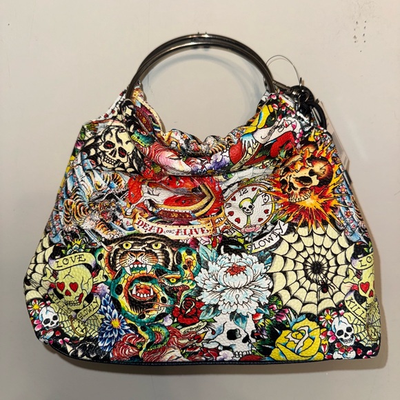 Ed Hardy Colorful Graphic Design Handbag Purse Skull, Logo, Fire - Picture 1 of 5